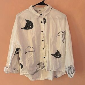 Rare Asymmetrical Button-Up Shirt with Cat Print